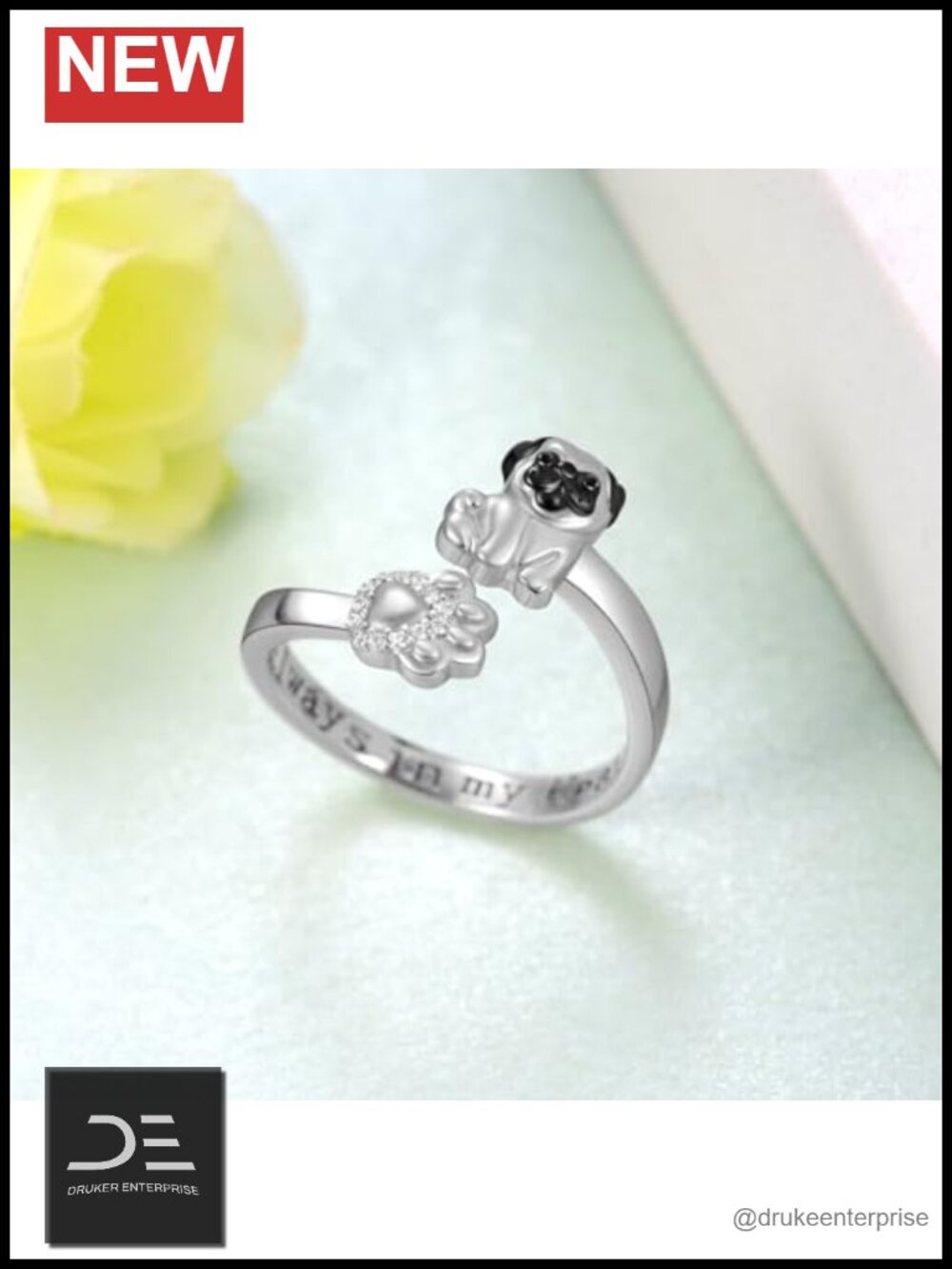925 Sterling Silver Dog Ring Pug Cute Animal Jewelry Gift for Women - Picture 2 of 6